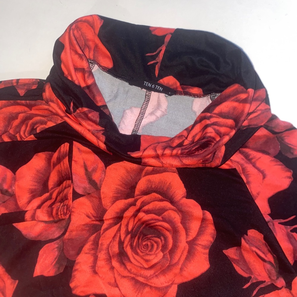 Ten 6 Ten Womens Red Rose Floral Cowl Neck High Low Tunic Top Black Large